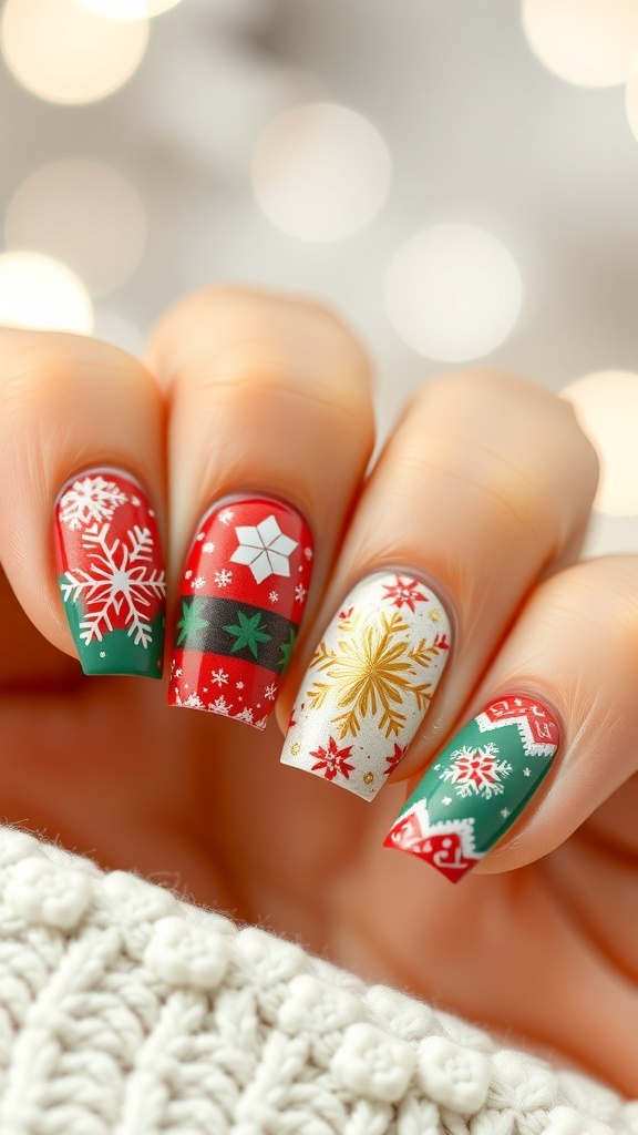 Festive quadrate nail art for Christmas 2025 with red, green, and gold designs.